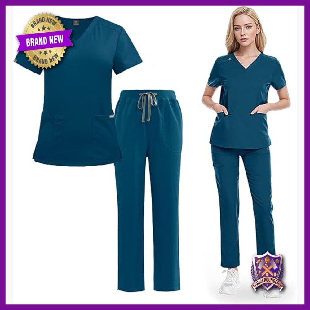 Moisture Wicking Short Sleeve Scrub Set, V-Neck Top & Pants, 2-Piece